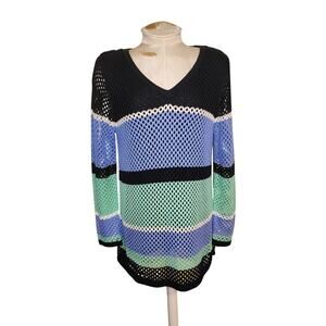 Croft‎ & Barrow Size L Teal Blue Navy Crochet Lined Sweater Top Women  NWT